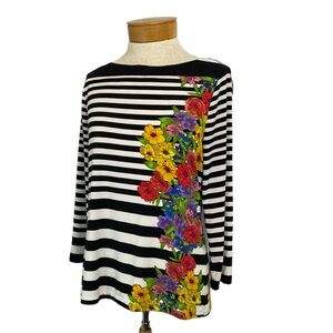 Beige by Eci Small Striped Floral Boat Neck 3/4 sleeve Top